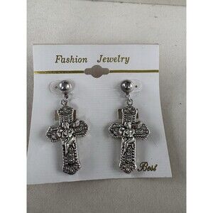 Vintage Style Silver Tone Cherub Cross Dangle Earrings Ornate Angel Religious